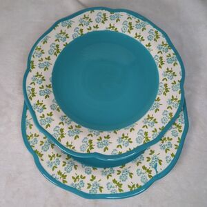Pioneer Woman Dinner Plates Set of 2 Teal Timeless Floral 10.5" Dishes Stoneware